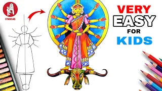 HOW TO DRAW MAA DURGA WITH STEP BY STEP FOR KIDS | EASY MAA DURGA DRAWING WITH PASTEL COLOR