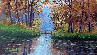 How To Paint Autumn Landscape And The Lake With A Small Wooden Bridge