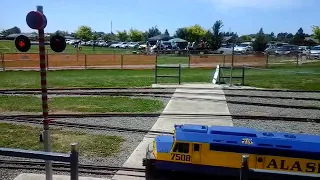 Miniature train at a pedestrian level crossing on the miniature railways