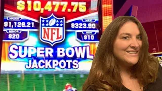 $$ We Got SO MANY BONUSES On The New NFL Super Bowl Jackpot Slot!!! #casino #slots #lasvegas
