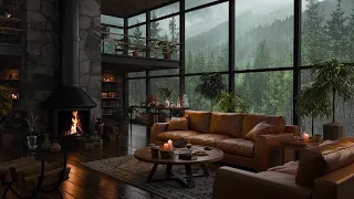 Smooth Jazz Instrumental Music For Stress Relief, Unwind - Cozy Living Room Rainy Day Ambience 🌧️🔥