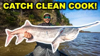 Epic CATCH CLEAN COOK Snagging HUGE SPOONBILL in the RIVER!!!