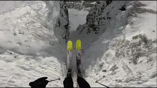 skiing cliffs and chutes on a pow day at kirkwood
