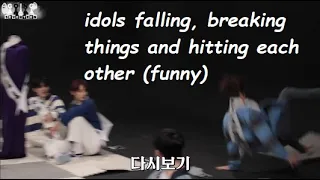 kpop idols falling, breaking/dropping things and hitting each other