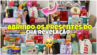 ABRINDO OS PRESENTES DO CHÁ REVELAÇÃO *PRIMEIRA GRAVIDEZ* MEIGA FEMININA