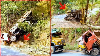 Truck Slips and Falls Off from Ghat Road - Truck Drivers Struggling to Help Truck Rescue