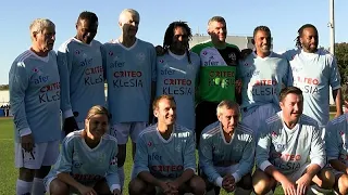 Emmanuel Macron scores penalty during charity football match