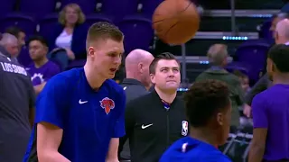 Kristaps Porzingis Takes Ball To The Face In Warmup