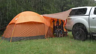 Car CAMPING in RAIN with HUGE TENT and TRUCK