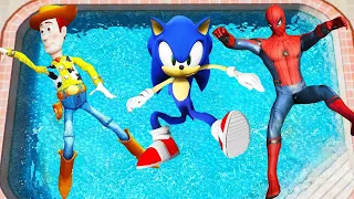 GTA 5 Sonic vs Woody vs Spider-man  -  Jump Fails  | Ragdolls | Funny moments | (Euphoria Physics)