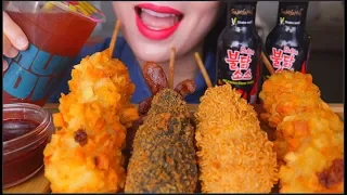 ASMR MOZZARELLA CORN DOGS (CHUNKY TOWN) CHEESY CRUNCHY SOUNDS + STRAWBERRY TEA + FIRE SAUCE 咀嚼音 | 먹방