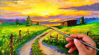 The beauty and tranquility of the landscape. Spring sunset painting: mixed colors and emotions