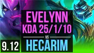 EVELYNN vs HECARIM (JUNGLE) | KDA 25/1/10, 9 solo kills, Legendary | TR Diamond | v9.12
