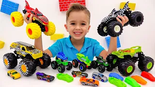 Vlad i Niki bawią się zabawkowymi ciężarówkami | Monster Trucki Hot Wheels