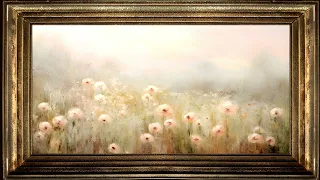 Pink Flowers on a Misty Mountain Impressionist Oil Painting | Framed Art Screensaver for TV