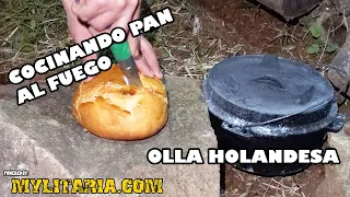 Cocinando pan al fuego en olla holandesa Mylitaria prepper