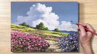 Acrylic Painting Flower Field and Big Clouds Landscape