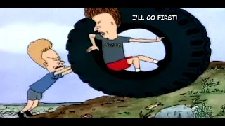 Beavis and Butt-Head playing with a big tire
