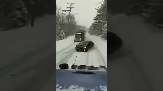 Driver crashes into snow plow while passing semi-truck #shorts