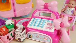 Pink Mart register and Baby doll refrigerator toys play