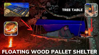 Solo Overnight Building a DIY Floating Pallet Shelter in The Woods and Campfire Texas Tenderloin