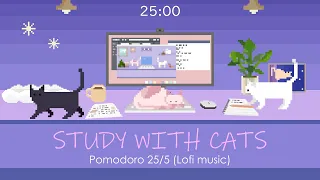 Study with Cats ✏️ Pomodoro Timer 25/5 ( 1 hour ) | Chill Study Session with Lofi music 💜