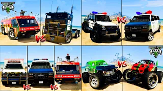 Fire Truck vs Hauler vs Police Van vs Mercedes G63 vs Monster Truck vs Ambulance Truck - GTA 5 Cars