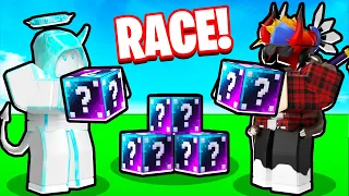 I Challenged a PRO To a GLITCHED LUCKYBLOCK RACE... (Roblox Bedwars)