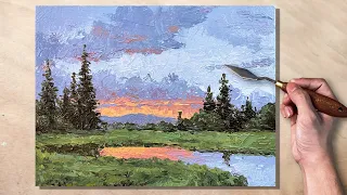 Palette Knife Acrylic Painting l Sunset Reflection Landscape