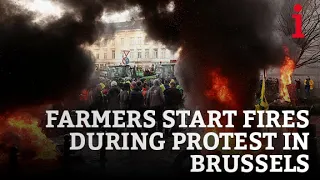 Farmers Throw Stones Amid Protest Outside European Parliament in Brussels