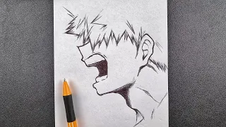 black pen drawing || how to draw anime boy || bakugo from my hero academia