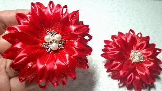 Чарівна, святкова квітка з вузької стрічки. Канзаши України. Kanzashi.