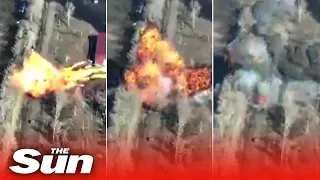 Dramatic moment Russian tank obliterated by Ukrainian missile as Kremlin dubs sanctions 'thievery'