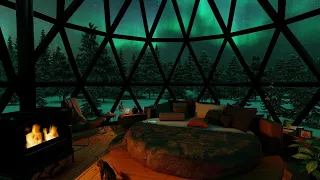 Northern Lights (Aurora Borealis) & Fireplace In Glass Igloo ❄️ | Fireplace Sound