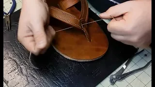 Let's Make Leather Flip Flops! Part 7 - Sewing the strap to the Sole, Cementing the Layers