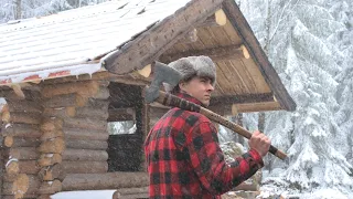 Stuck Alone in Snow Storm Overnight | Building Log Cabin