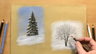 How to Draw Winter Trees - Landscape in Colored Pencil