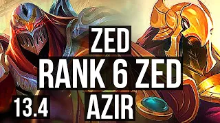 ZED vs AZIR (MID) | 9/0/4, 2200+ games, Rank 6 Zed, 1.6M mastery, Legendary | KR Challenger | 13.4
