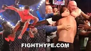 KHABIB FLYS OUT OF CAGE SECONDS AFTER CHOKING OUT DUSTIN POIRIER; BEAR HUGS DANA WHITE AT UFC 242