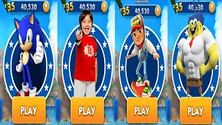 Sonic Dash vs Tag With Ryan vs Subway Surfers vs SpongeBob Run - All Characters Unlocked Gameplay