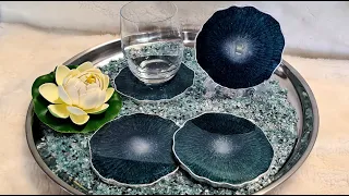 #1062 Beautiful Deep Teal And Silver Geode Shaped Resin Epoxy Coasters