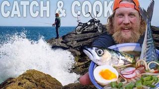 Ramen Catch and Cook, Ocean Side Cliff Fishing | Day 6 of 7 Motorcycle Camping Maine Easy Rider Adve