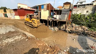 Session 1 Of Project Building Foundation New Village Road by Bulldozer Moving Sand Into Water
