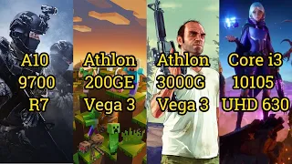 A10 9700 [R7] vs Athlon 200GE [Vega 3] vs 3000G [Vega 3] vs Core i3 10105 [UHD 630] = Gaming in 2021