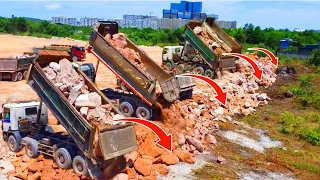 Continue Project Again Komatsu Dozers And Big Dump Trucks Team Filling Up Land By Push and Crushing