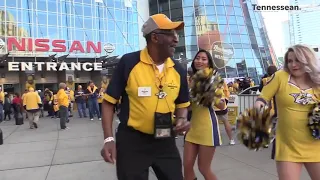 Preds Energy Team and usher dance together before Nashville Predators playoff game