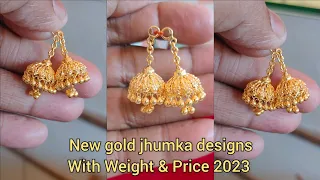 New gold jhumka designs with weight and price 2023/light weight jhumka with price