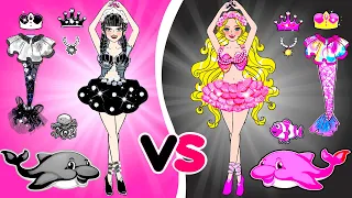 DIY Paper Dolls & Cartoon - Black Wednesday Addams VS Pink Rapunzel Contest - Barbie Ballet Handmade
