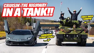 Driving *A TANK* On The Highway WITH SUPERCARS! Think The Cops Will Mind?