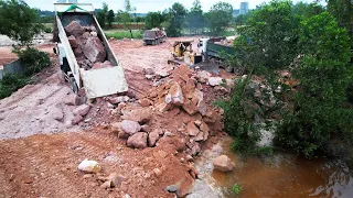 Ep64#Great Skills Land Reclamation By Mountain Stones Clearing Mud, Dozer Pushing & Trucks Unloading